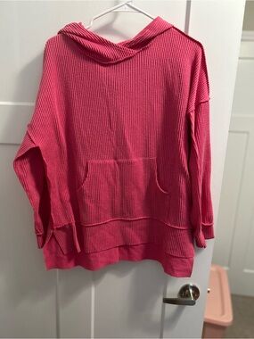 Bright Pink Waffle Knit Hoodie.  Size Medium